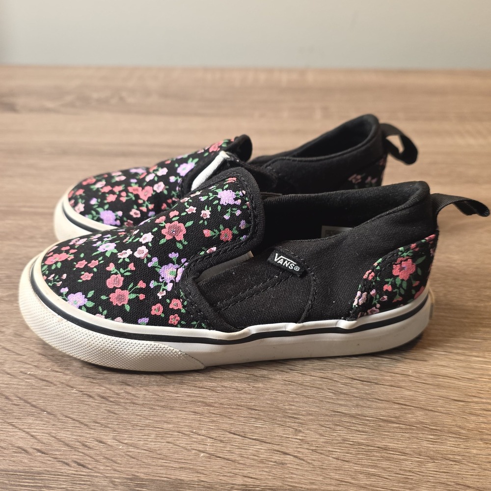 Vans Toddler 8 Black Floral Slip On Sneakers Canvas Shoes VN0A327LWW0